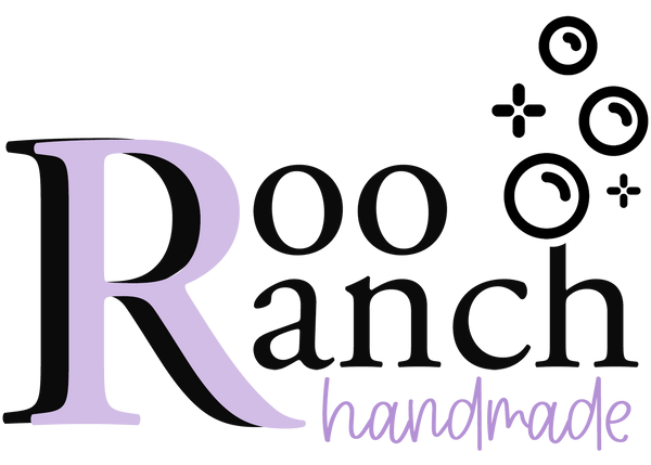 Roo Ranch handmade logo with bubbles above the h in "ranch" and a purple and black double R for roo and ranch